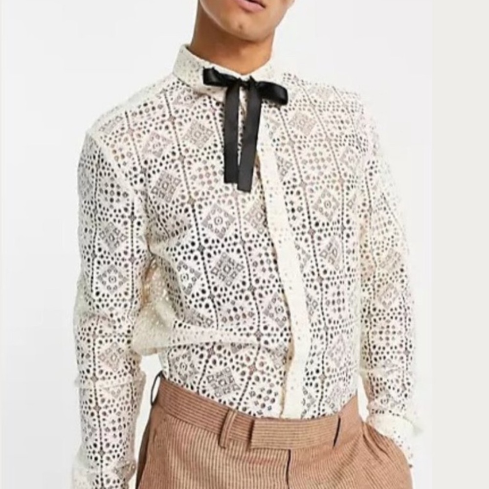 Unisex ASOS Lace Buttondown Shirt Longsleeve Cream Eyelet w/ Ribbon Neck Tie XS - Picture 3 of 7